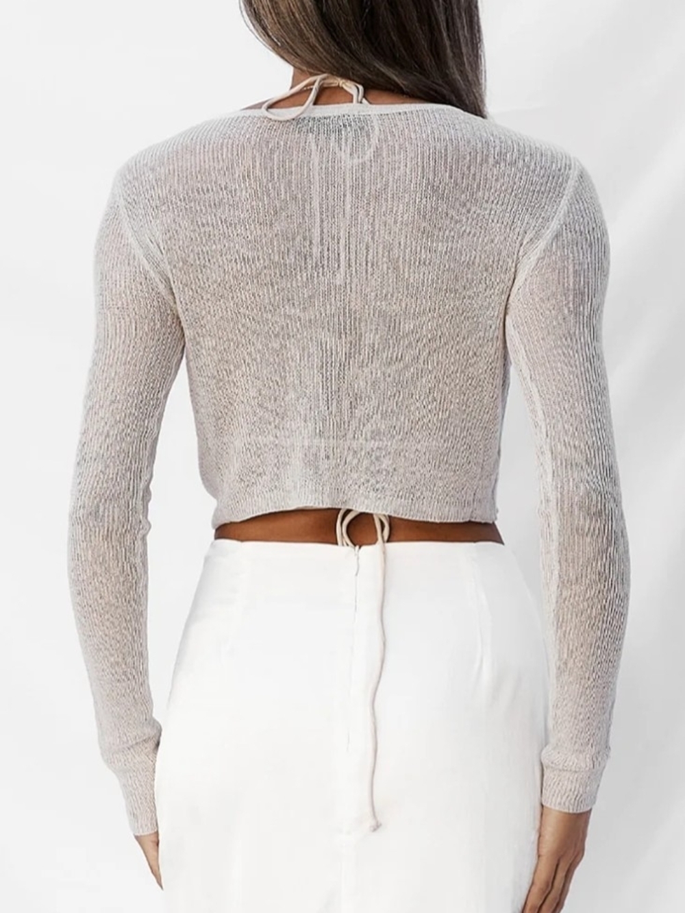 All Things Golden -Sheer Long Sleeve Crop Top in Bone - Size Small - Picture 4 of 7